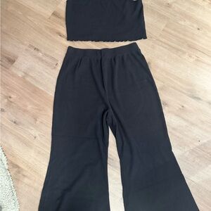 Dark Gray Waffle Material 3 piece set;  Wide-Leg Lounge Pants, Top and Cardigan